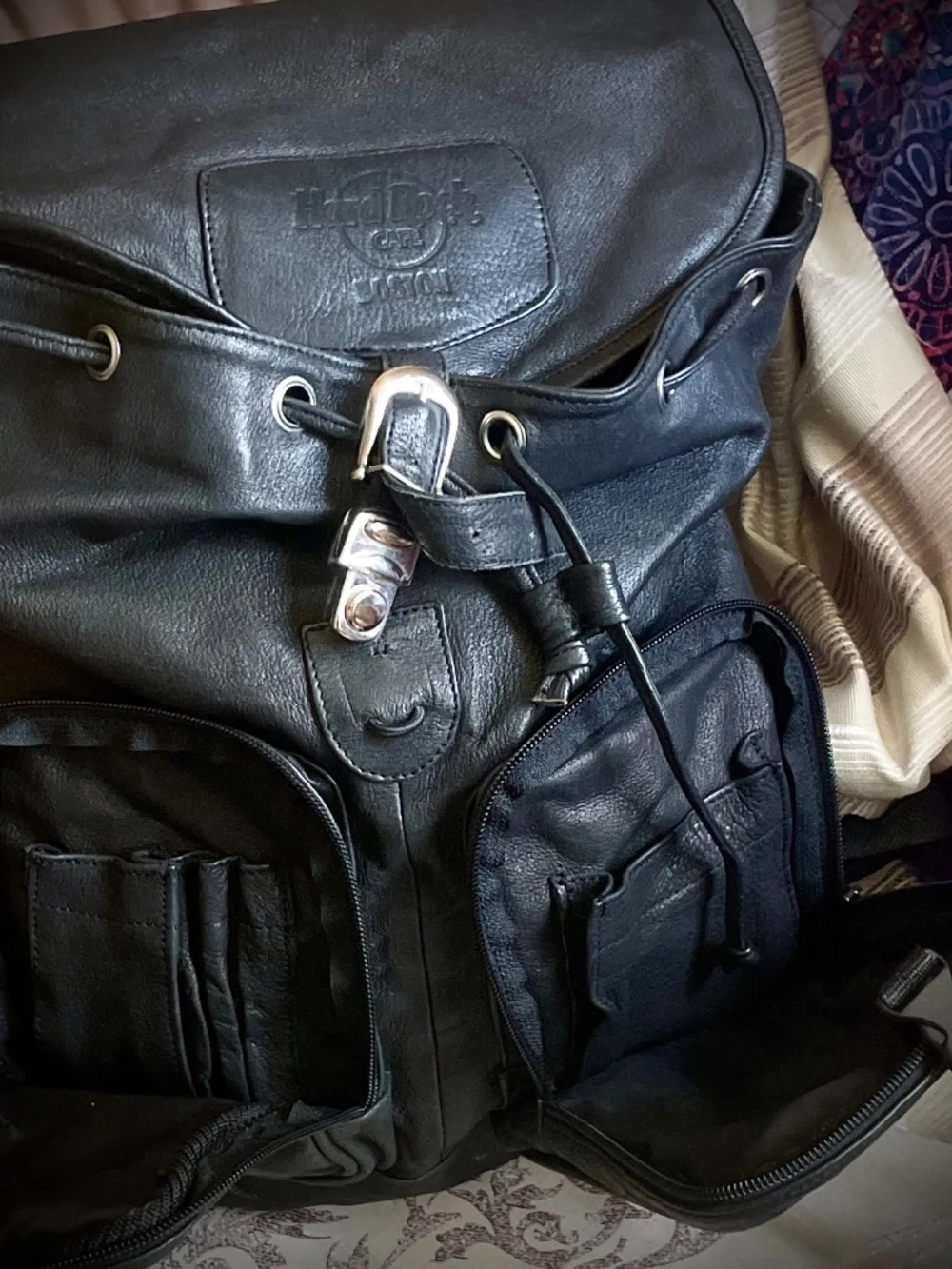 Vintage 90s Hard Rock Cafe Black Embossed Leather Boston Rucksack Backpack